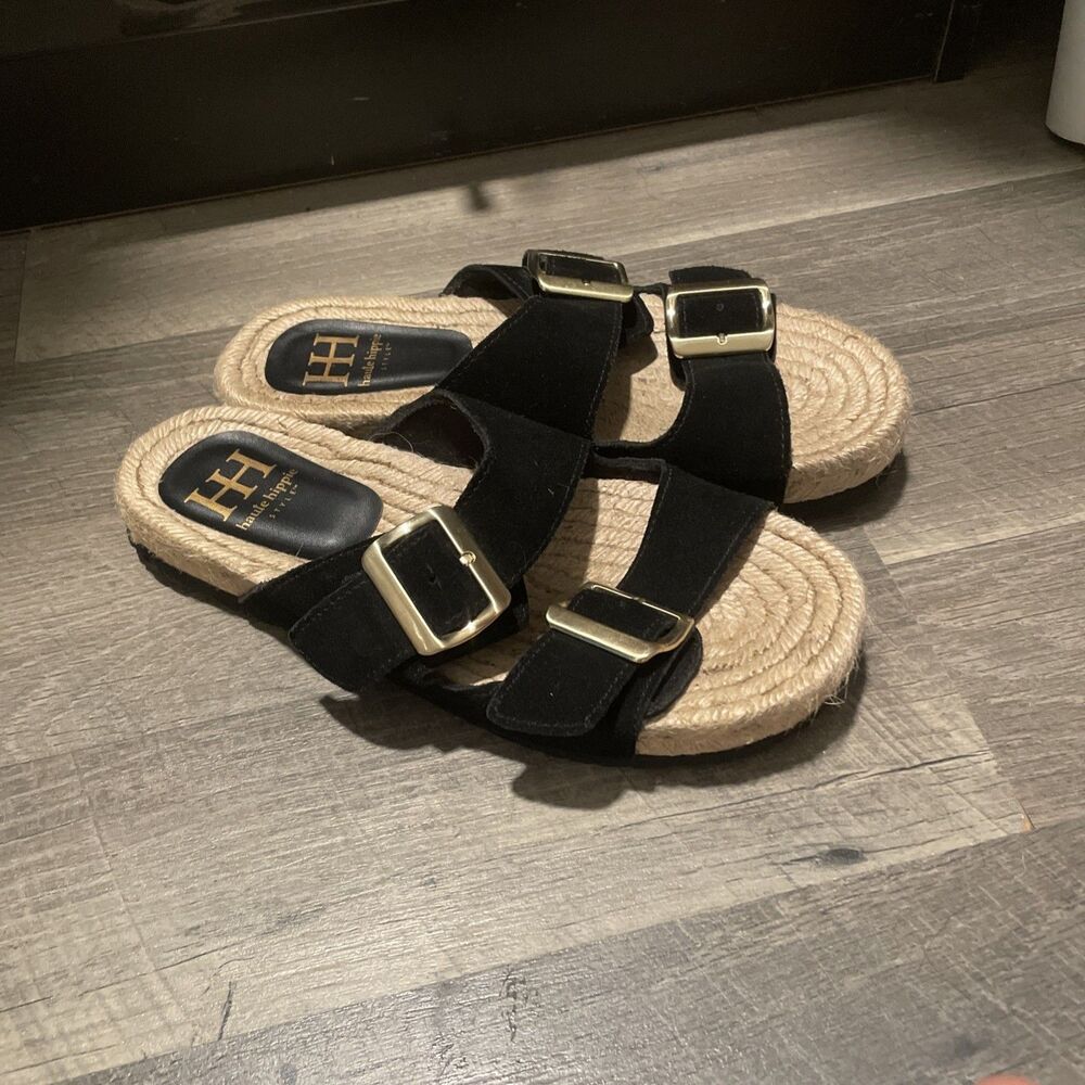 Haute Hippie Nikki Black Suede Double Buckle Espadrille Slide Sandals Women Sz 8